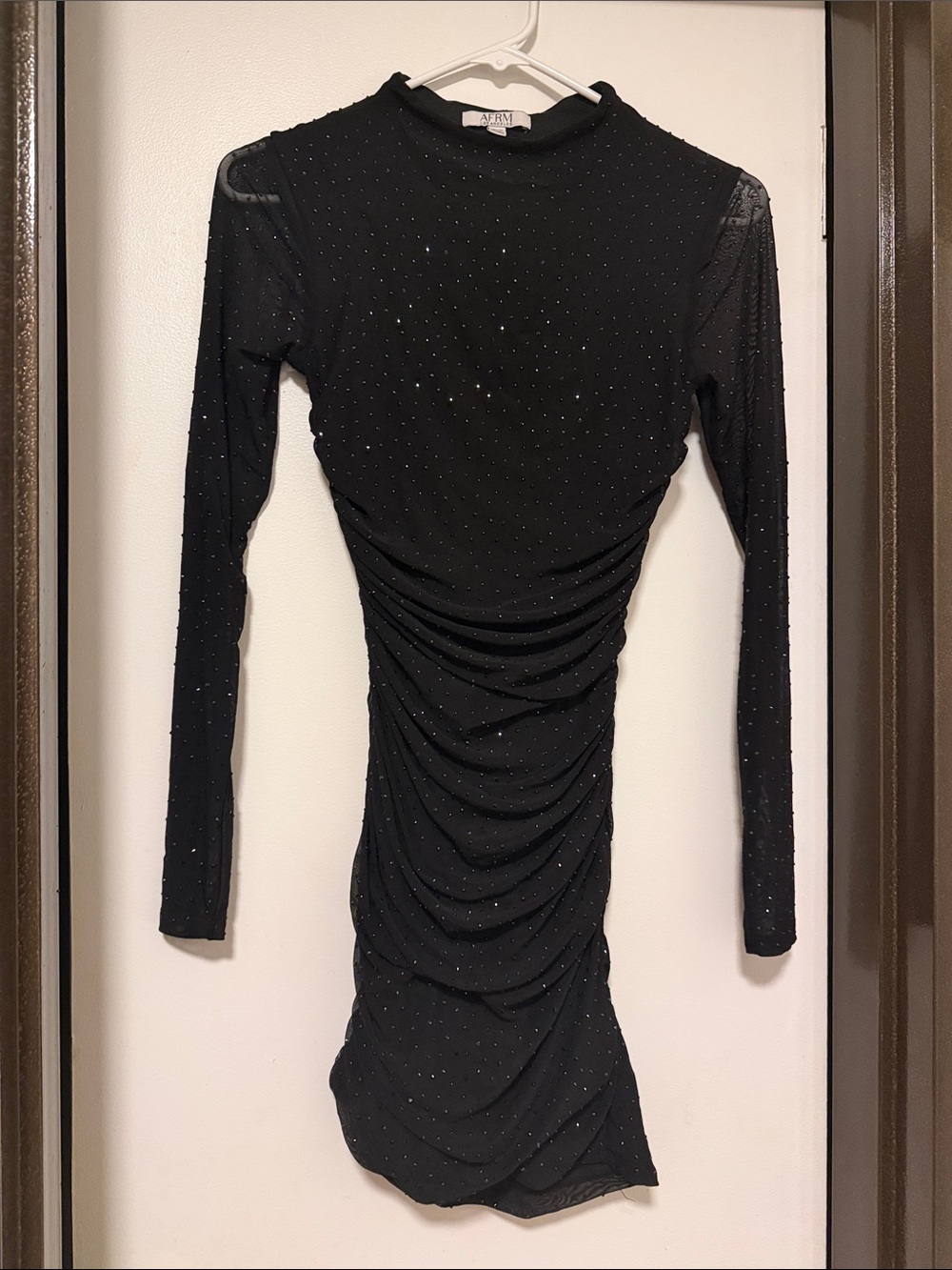 Black Ruched Long-Sleeve Evening Dress
